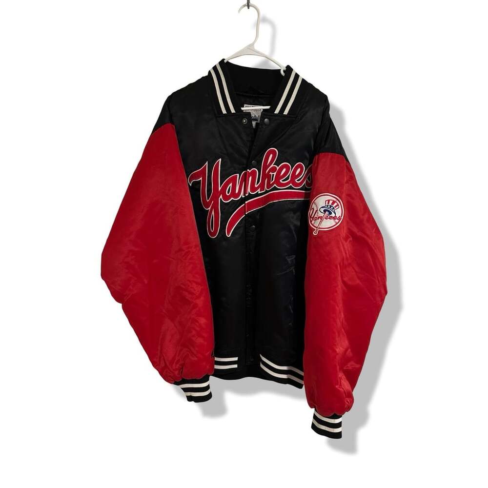 Majestic New York Yankees Size XL Black Red Satin Bomber Jacket